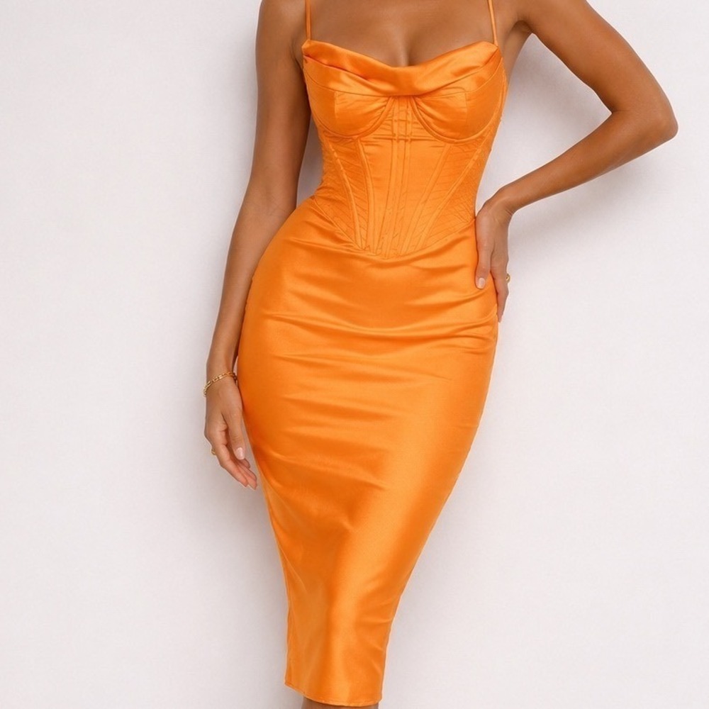 House of CB Mayara Orange Satin Corset Midi Dress Cowl Neck Plus Cup Medium